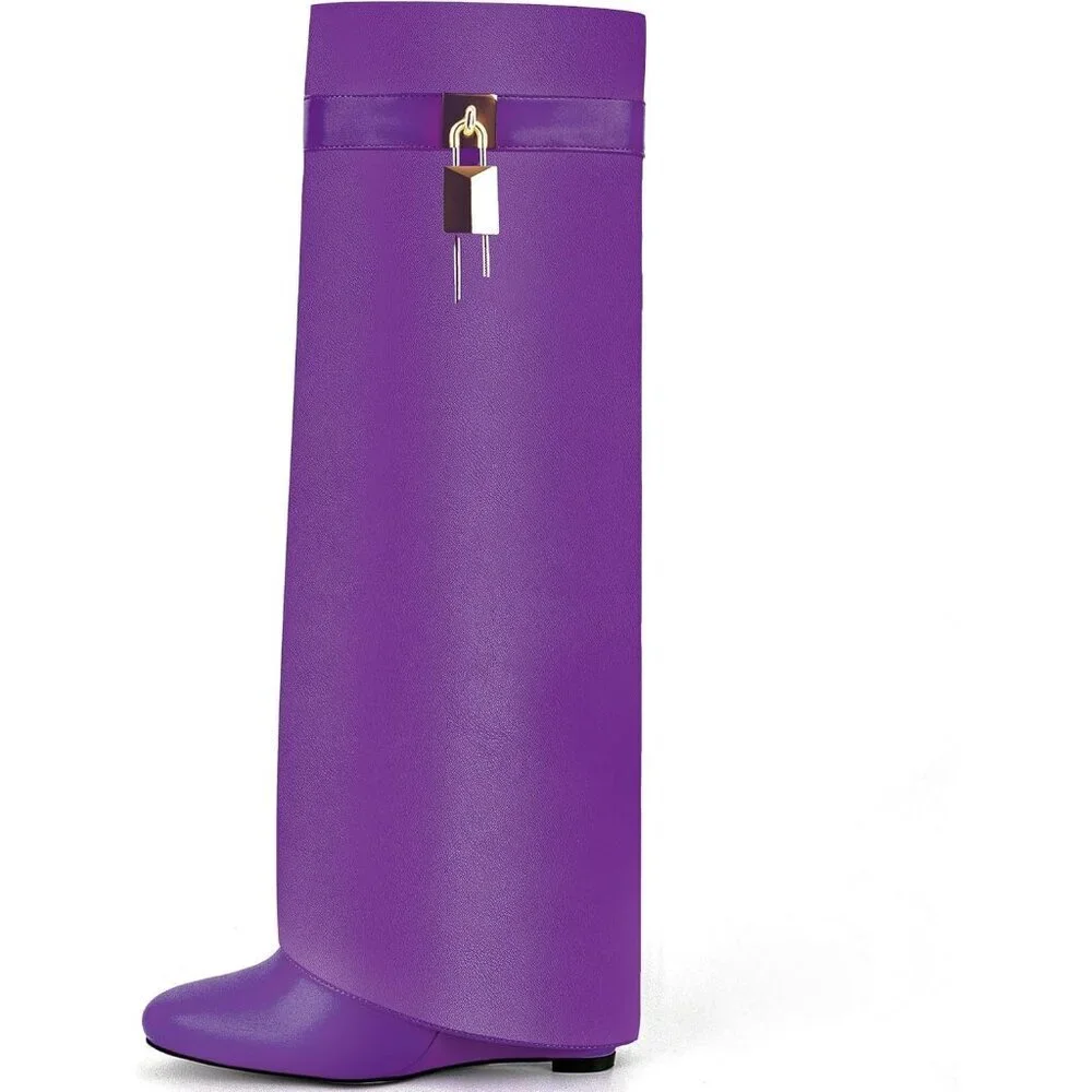 Women Faux Leather Purple Pull-on Wedge Heel Knee Shark Padlock Design Boot